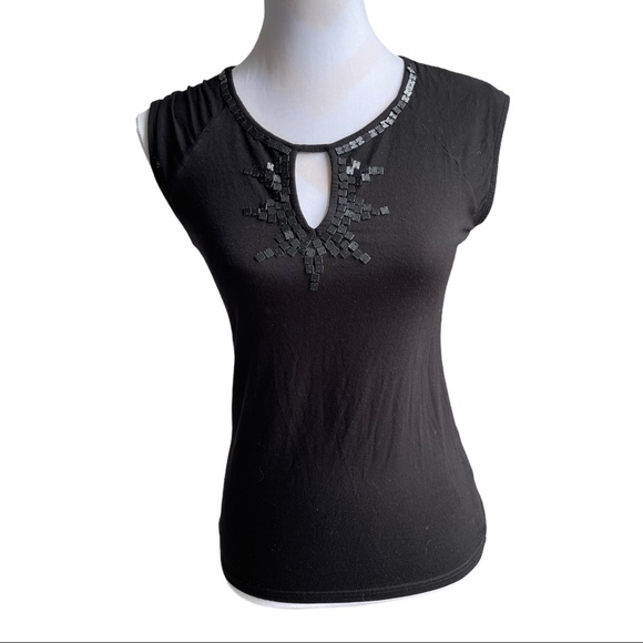 BKE black Cap Sleeved knit top with neck embellish Women's Size Extra Small - Picture 1 of 8